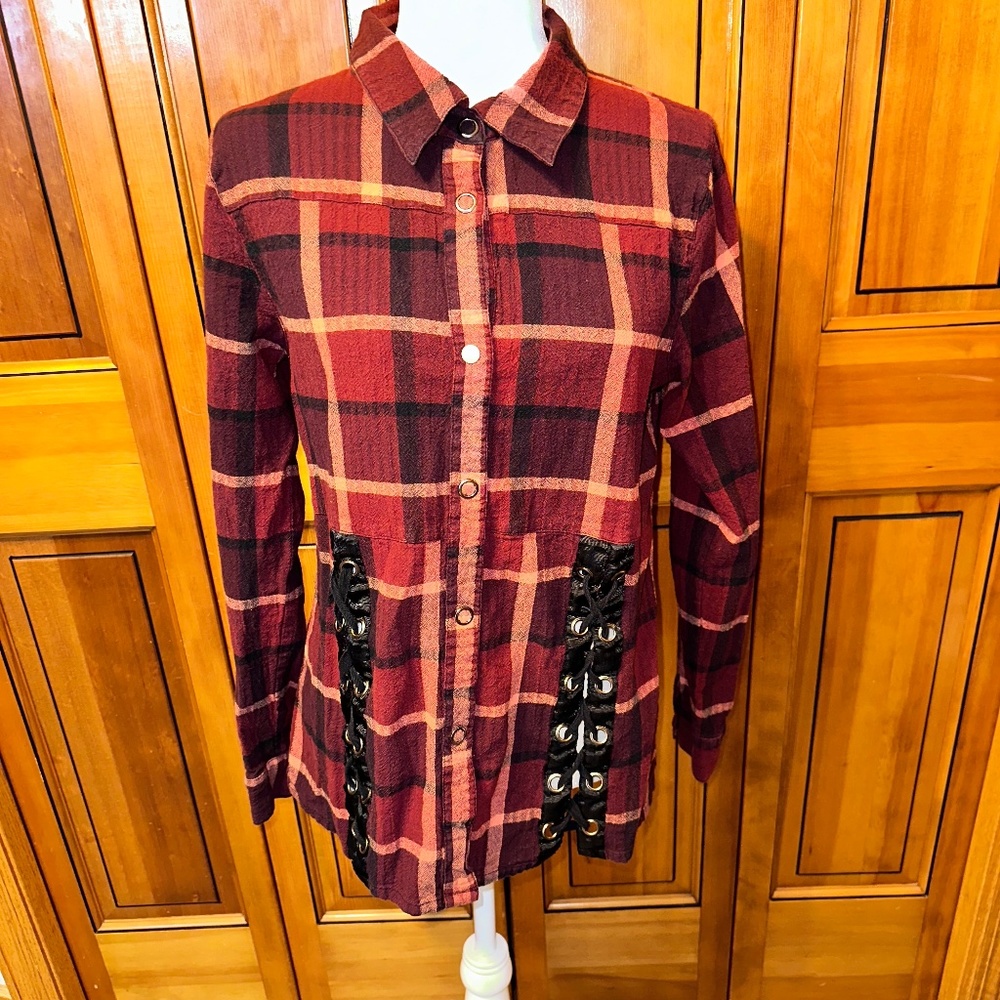 gilded intent plaid button top with lace up detail on back